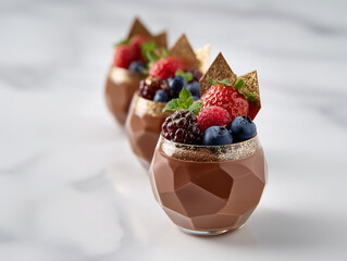 Chocolate Delights: A row of exquisitely crafted chocolate desserts, adorned with fresh berries and delicate embellishments, beckons with a promise of culinary perfection.