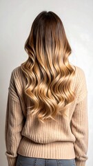 Naklejka premium Woman's back view, long wavy blonde hair, beige sweater