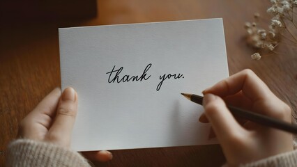 Obraz premium A person writes thank you on a white card with a pencil, with hands visible on a wooden table. Concept Handwritten thank-you note, Pencil on white card, Hands on wooden table