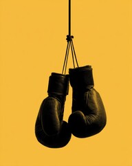 Black Boxing Gloves Hanging Against Bright Yellow Background in Minimalist Style