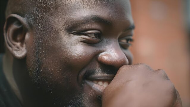 Close-up of a smiling Black man with eyes closed, hand near his mouth. Concept Close-up portrait, Smiling Black man with eyes closed, Hand near mouth, Black male portrait, Candid intimate moment