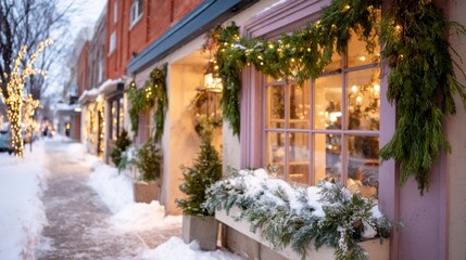 Naklejka premium Charming Winter Scene Featuring a Cozy Storefront Decorated with Holiday Greenery and Lights Amidst a Snowy Street