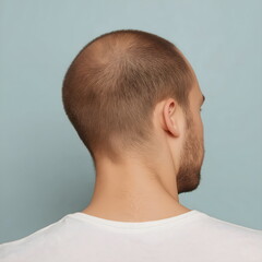 Fototapeta premium Man with short and bald hair viewed from the back against blue background 