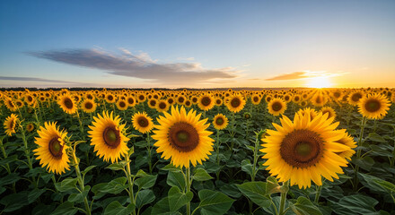 Fototapeta premium A wide field of sunflowers facing the sunrise, clear blue sky, gentle morning breeze,