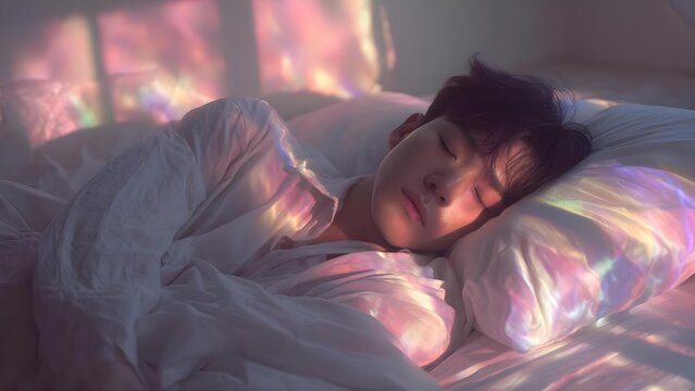 A person sleeping on a white bed, pastel rainbow light reflecting softly on the sheets and pillow. Concept Sleeping person on white bed, Pastel rainbow light, Soft reflections on sheets and pillow - Powered by Adobe