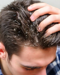 Young man with dandruff scratching his head indoors, 
Close-up of scalp with visible psoriasis flakes, clinical dermatology lighting