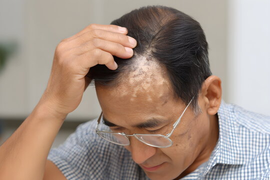 Elderly Asian man shows hair parted to reveal flaky psoriasis patches on scalp - Powered by Adobe