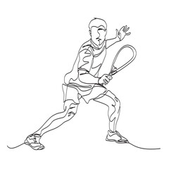 Continuous vector line art of a man playing padel or tennis player in action with a horse stance.