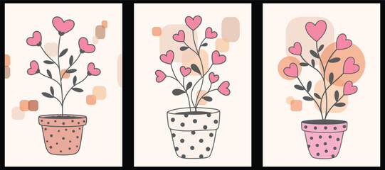 Cute Heart Leaf Plants – Minimal Love Pot Trio Vector Poster Design.