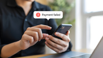 Frustrated consumer sees payment failure notification on phone, experiencing digital banking issues and online shopping problems with e-commerce