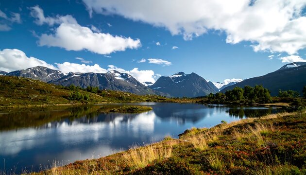 A tranquil scene of a lake reflecting a partly cloudy sky and snow-capped mountains. Rolling hills and vibrant foliage frame the water