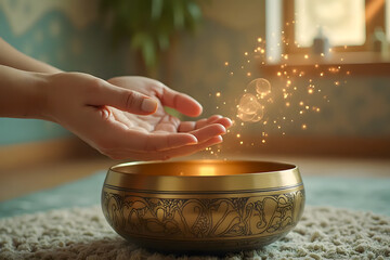 Hands Emitting Healing Energy Over Tibetan Singing Bowl with Glowing Golden light - AI generated