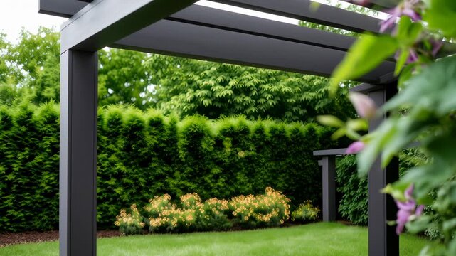 Serene Garden View with Bright Purple Flowers and Lush Green Foliage Under a Pergola in Soft Natural Light