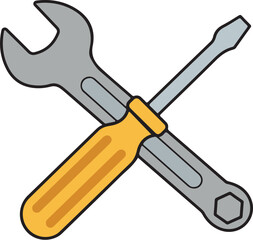 Crossed wrench and screwdriver with yellow handles symbolizing repair and construction work