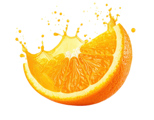 A vibrant orange slice with juice bursting outward, captured against a black background