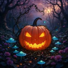 Obraz premium Halloween Night Pumpkin in Spooky Forest with Magical Light