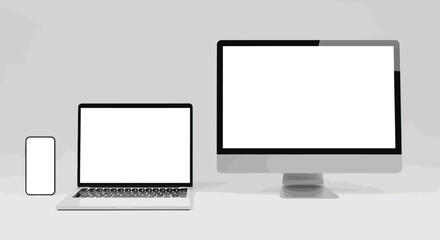 Fototapeta premium Vector illustration of modern electronic devices including a smartphone, laptop, and desktop computer with blank screens