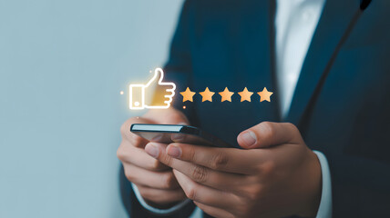 Boost your brand reputation with glowing five star reviews from satisfied customers, seen on mobile phone held by professional in modern suit jacket