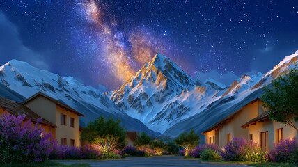 Night view of a smart mountain eco-settlement. Generative AI