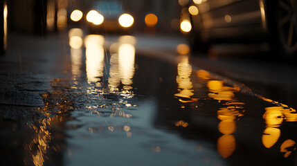 Rainy night street scene.  Blurred car headlights reflect on wet asphalt, creating golden bokeh and abstract patterns.  A moody, atmospheric view.