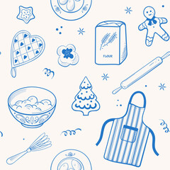 Seamless doodle line pattern with kitchen and baking elements, apron, whisk, bowl, rolling pin, cookies, and festive details. Perfect for culinary wrapping, textile, and holiday design.