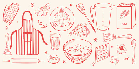 Hand-drawn doodle line vector of kitchen and baking tools, apron. Fun cooking elements, cookies, utensils, and ingredients for festive recipe and food design projects.
