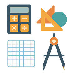 Set of colorful math and geometry tools on a black background