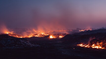 Majestic Sunset Over Fiery Landscape at Dusk with Glowing Flames and Smoke in the Air
