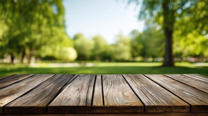 Rustic wooden table in a sunny park with green trees and blue sky
