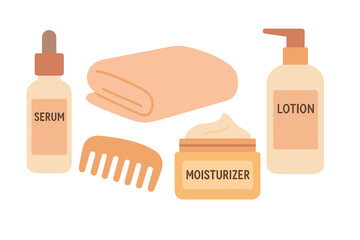Skincare routine essentials including serum lotion moisturizer comb and towel
