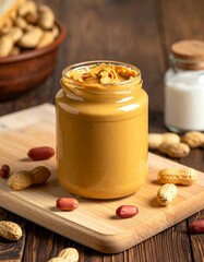 Jar of creamy peanut butter with peanuts around it