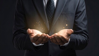 Hands of a Businessman Presenting Light and Energy in Darkness