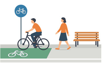 Cyclist and pedestrian sharing urban path with bike lane