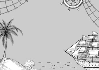 A frame with a sea landscape and a ship. Black and white graphics, hand-drawn vector illustrations. A palm tree on an island, a sea, and a ship. For children s games, holidays, postcards, and posters.