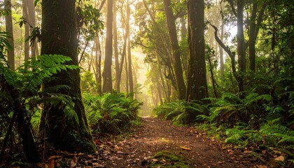 Serene Forest Pathway Amidst Lush Greenery and Gentle Light