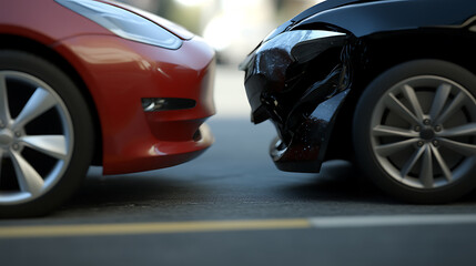 Car crash incident showing two vehicles face-to-face, one damaged. Focus on the collision impact and potential accident cause. Car accident concept.