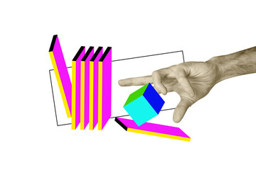 Composite sketch image design trend artwork collage of copyspace huge size hand hold pull figure cube chain reaction block fall game