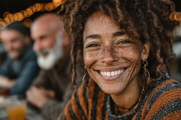 A group of diverse friends from different cultures laughing together at a café. Generative AI