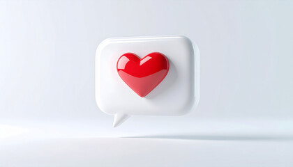 Floating 3D speech box with heart symbol, white backdrop, smooth glossy surfaces, subtle lighting