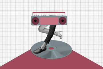 Trend banner collage of person dance with boom box body stand cd disc on red background