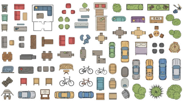Diverse Top View Furniture, Vehicles, and Plants for Detailed Architectural Blueprint Designs