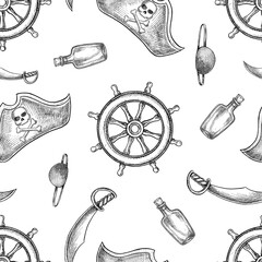 Seamless pattern on a pirate theme. Black and white graphics, handmade vector illustrations. For children s games and celebrations. For textiles, packaging, decor, wallpaper, and more.