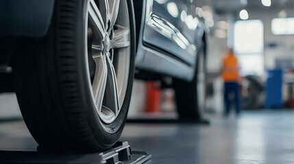 Automotive tire inspection. The tire is being inspected with an orange vest mechanic working in the background in the maintenance shop.