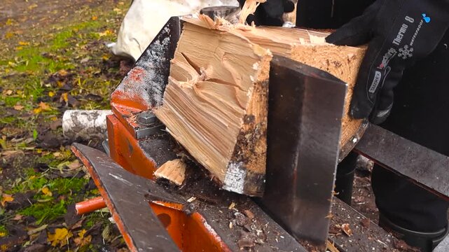 Large pine timber log being split into pieces or half by a wood splitter or splitting machine in slow motion in a autumn home garden, fallen leaves in bokeh blurry background.