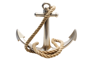 Silver anchor with rope isolated on transparent background, nautical theme concept