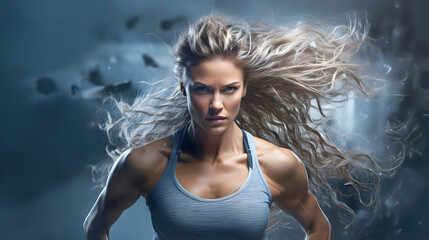 Powerful woman with flowing hair exhibiting strength in a dramatic atmosphere during a fitness training session