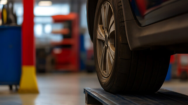 Car wheel on lift, service center. Close-up view, car undergoing maintenance, car tire, wheel service, auto repair shop, mechanic, diagnostic
