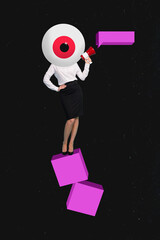 Vertical artwork 3d photo collage of anonym girl instead head cyclops eyeball stare freemason...