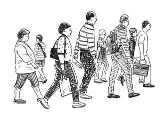 People crowd, casual city pedestrians walking outdoors in summer, side view, realistic outline vector hand drawn illustration, white background