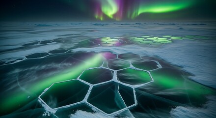 Magical glowing aurora lights dance over a cosmic landscape with a central figure